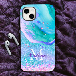 Cute aqua glitter paarse marmer monogram iPhone 15 case