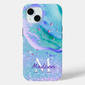 Cute aqua glitter paarse marmer monogram Case-Mate iPhone case (Achterkant)