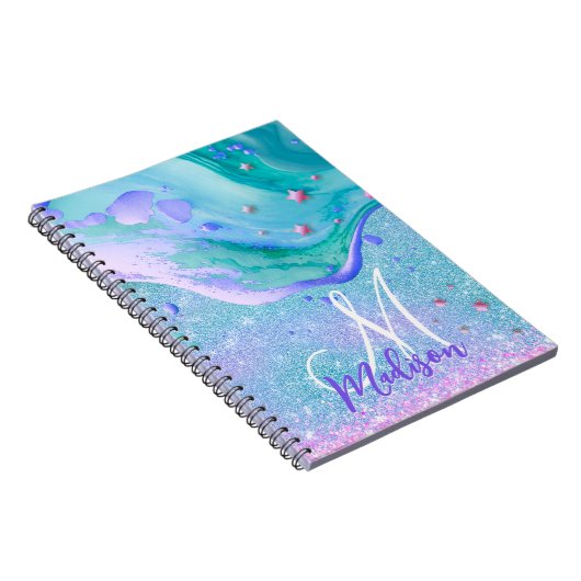 Cute aqua glitter paarse marmer monogram notitieboek (Rechterzijde)