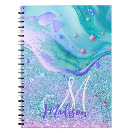 Cute aqua glitter paarse marmer monogram notitieboek (Voorkant)