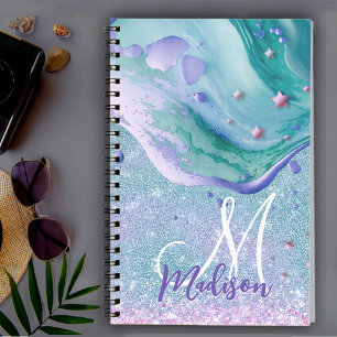 Cute aqua glitter paarse marmer monogram notitieboek