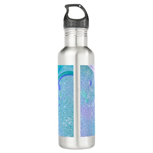 Cute aqua glitter paarse marmer monogram waterfles  (Achterkant)