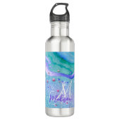Cute aqua glitter paarse marmer monogram waterfles  (Voorkant)
