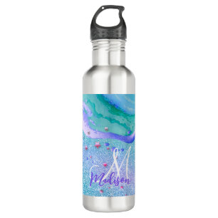 Cute aqua glitter paarse marmer monogram waterfles