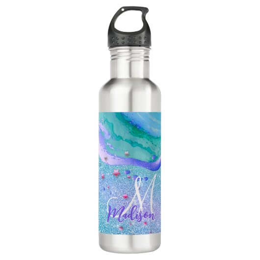 Cute aqua glitter paarse marmer monogram waterfles (Voorkant)