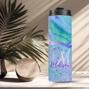 Cute aqua glitters paarse marmeren kunst monogram thermosbeker
