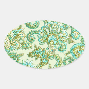 Cute Aqua Gold Paisley Floral Pattern Ovale Sticker