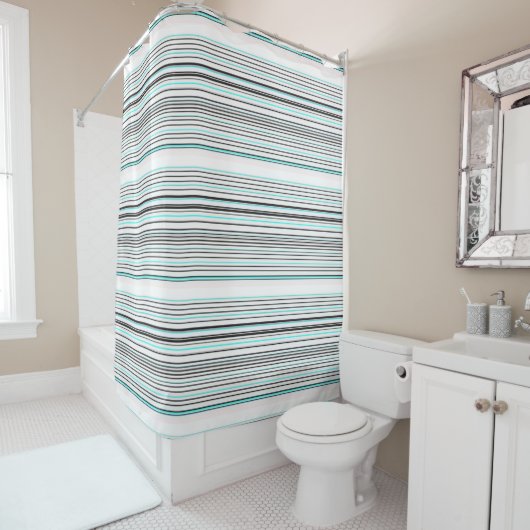 Cute aqua gray strepen douchegordijn (In situ)