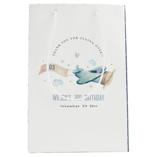 Cute Aqua Green Blue Biplane Cloud Heart Birthday Medium Cadeauzakje (Voorkant)