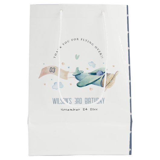 Cute Aqua Green Blue Biplane Cloud Heart Birthday Medium Cadeauzakje (Achterkant)