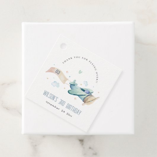 Cute Aqua Green Blue Kinder Plane Clouds Birthday Bedankjes Labels (In situ)