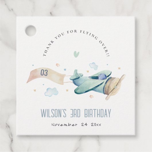 Cute Aqua Green Blue Kinder Plane Clouds Birthday Bedankjes Labels (Voorkant)