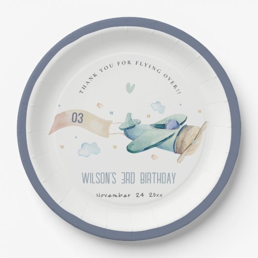 Cute Aqua Green Blue Kinder Plane Clouds Birthday Papieren Bordje (Voorkant)