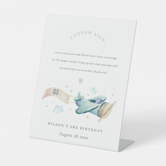 Cute Aqua Green Blue Plane Birthday Custom Party Reclamebord Met Voetstuk (Voorkant)