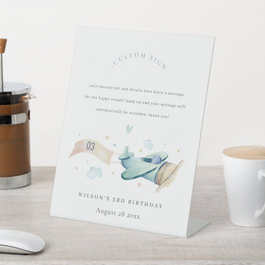 Cute Aqua Green Blue Plane Birthday Custom Party Reclamebord Met Voetstuk (Insitu)