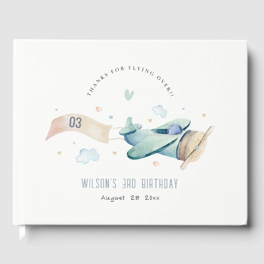 Cute Aqua Green Blue Plane Cloud Heart Birthday Gastenboek (Voorkant)