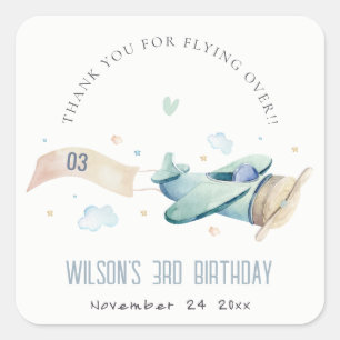 Cute Aqua Green Blue Plane Cloud Heart Birthday Vierkante Sticker