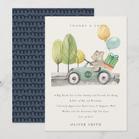 Cute Aqua Green Elke Age Birthday Party Teddy Car Bedankkaart (Voorkant / Achterkant)