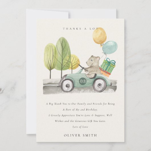 Cute Aqua Groen Verjaardagsfeest Teddy Auto Bedankkaart (Voorkant)