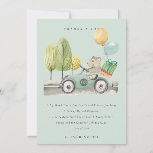 Cute Aqua Groen Verjaardagsfeest Teddy Auto voor e Bedankkaart (Voorkant)