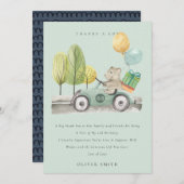 Cute Aqua Groen Verjaardagsfeest Teddy Auto voor e Bedankkaart (Voorkant / Achterkant)