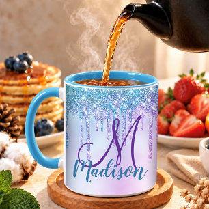 Cute Aqua Paarse Eenhoorn Glitter Drips monogram Mok