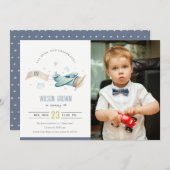 Cute Aqua Plane Cloud Heart Photo Birthday Invite Bedankkaart (Voorkant / Achterkant)