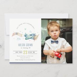 Cute Aqua Plane Cloud Heart Photo Birthday Invite Bedankkaart