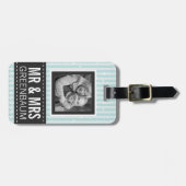 Cute Aqua Stripes Mr en Mrs Custom Photo Bagagelabel (Voorkant horizontaal)