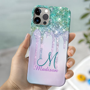 Cute Aqua Turquoise Eenhoorn Glitter Drips monogra Case-Mate iPhone 14 Hoesje
