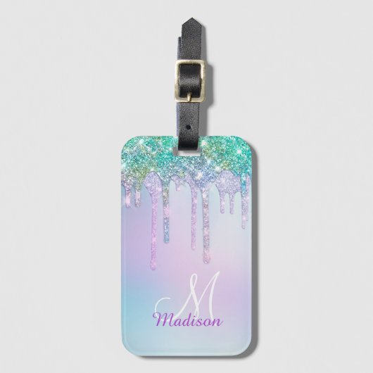 Cute Aqua Turquoise Unicorn Glitter Drivers monogr Bagagelabel (Voorkant (verticaal))