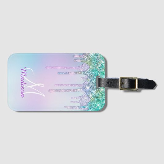 Cute Aqua Turquoise Unicorn Glitter Drivers monogr Bagagelabel (Voorkant (horizontaal))