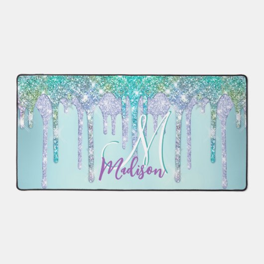 Cute Aqua Turquoise Unicorn Glitter Drivers monogr Bureaumat (Voorkant)