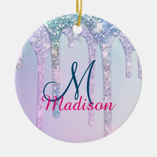 Cute Aqua Turquoise Unicorn Glitter Drivers monogr Keramisch Ornament (Voorkant)