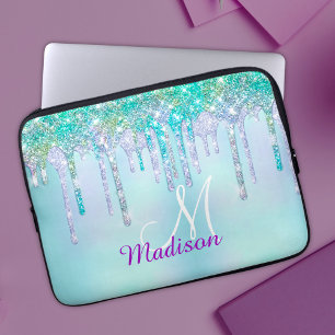 Cute Aqua Turquoise Unicorn Glitter Drivers monogr Laptop Sleeve