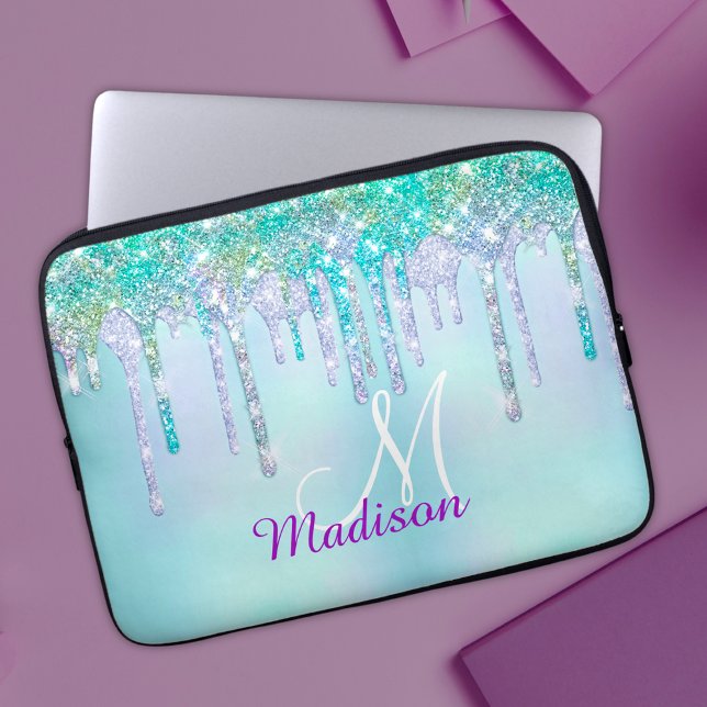Cute Aqua Turquoise Unicorn Glitter Drivers monogr Laptop Sleeve (Creator heeft geüpload)