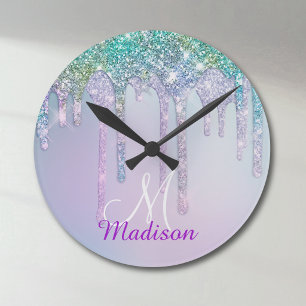 Cute Aqua Turquoise Unicorn Glitter Drivers monogr Ronde Klok