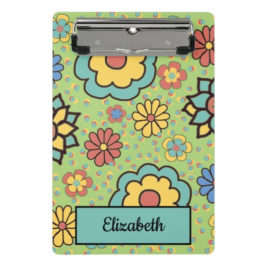 Cute Aqua Yellow Coral Green Hand-Drawn Flowers Mini Klembord (Voorkant)