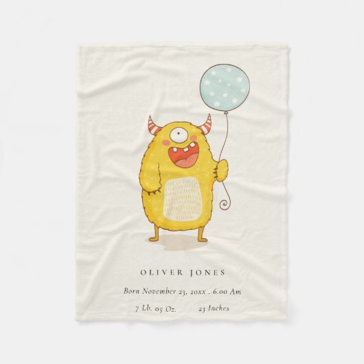 Cute Aqua Yellow Happy Monster Birth Stat Fleece Deken (Voorkant)