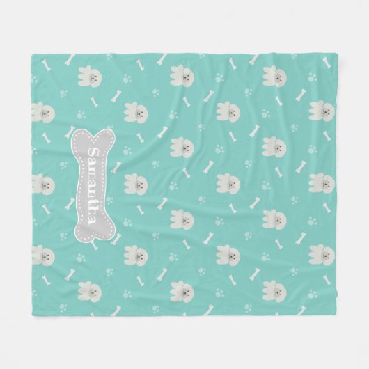 Cute Aquamarine Fluffy White Puppy Dog Bone Fleece Deken (Voorkant (Horizontaal))
