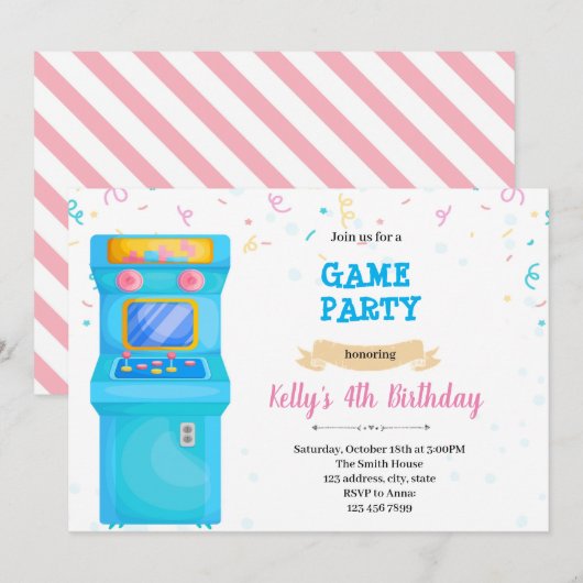 Cute arcade party Invitation Kaart (Voorkant / Achterkant)