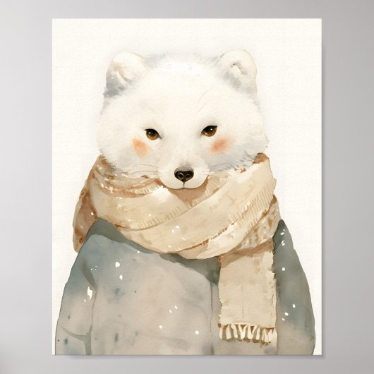 Cute Arctic Fox Nursery Wall Art Watercolor Winter Poster (Voorkant)