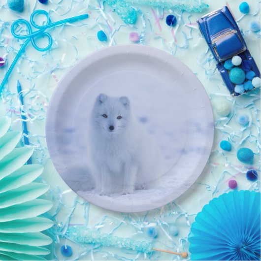 Cute Arctic Fox op Snowy Winter Background Papieren Bordje (Feest)