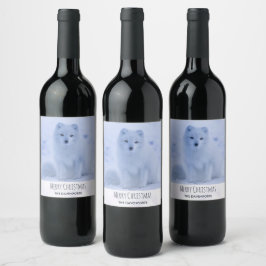 Cute Arctic Fox op Snowy Winter Background Wijn Etiket