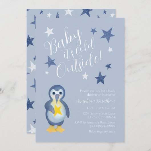 Cute Arctic Winter Penguin Baby shower Kaart (Voorkant / Achterkant)
