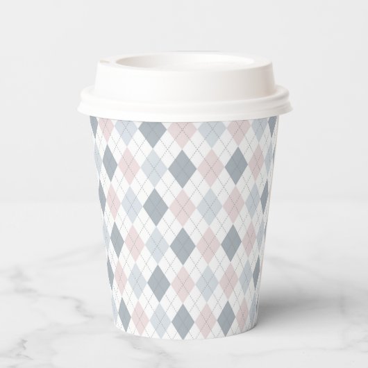 Cute Argyle Pink, Grey en White Paper Cups Papieren Bekers (Achterkant)