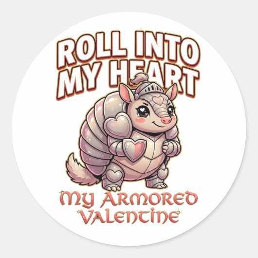 Cute Armadillo Knight Valentine–Roll Into My Heart Ronde Sticker (Voorkant)