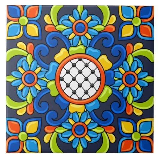 Cute Art Deco Abstract Blue Floral Pattern Tegeltje (Voorkant)