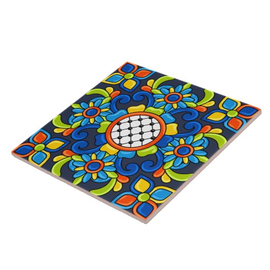 Cute Art Deco Abstract Blue Floral Pattern Tegeltje (Zijkant)