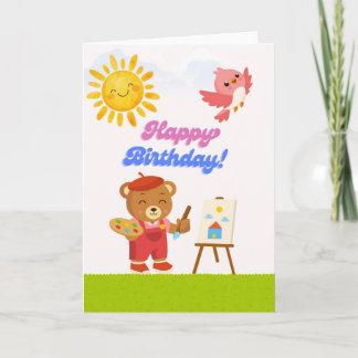 Cute Artist Teddy Bear Happy Birthday Card - Paint Kaart